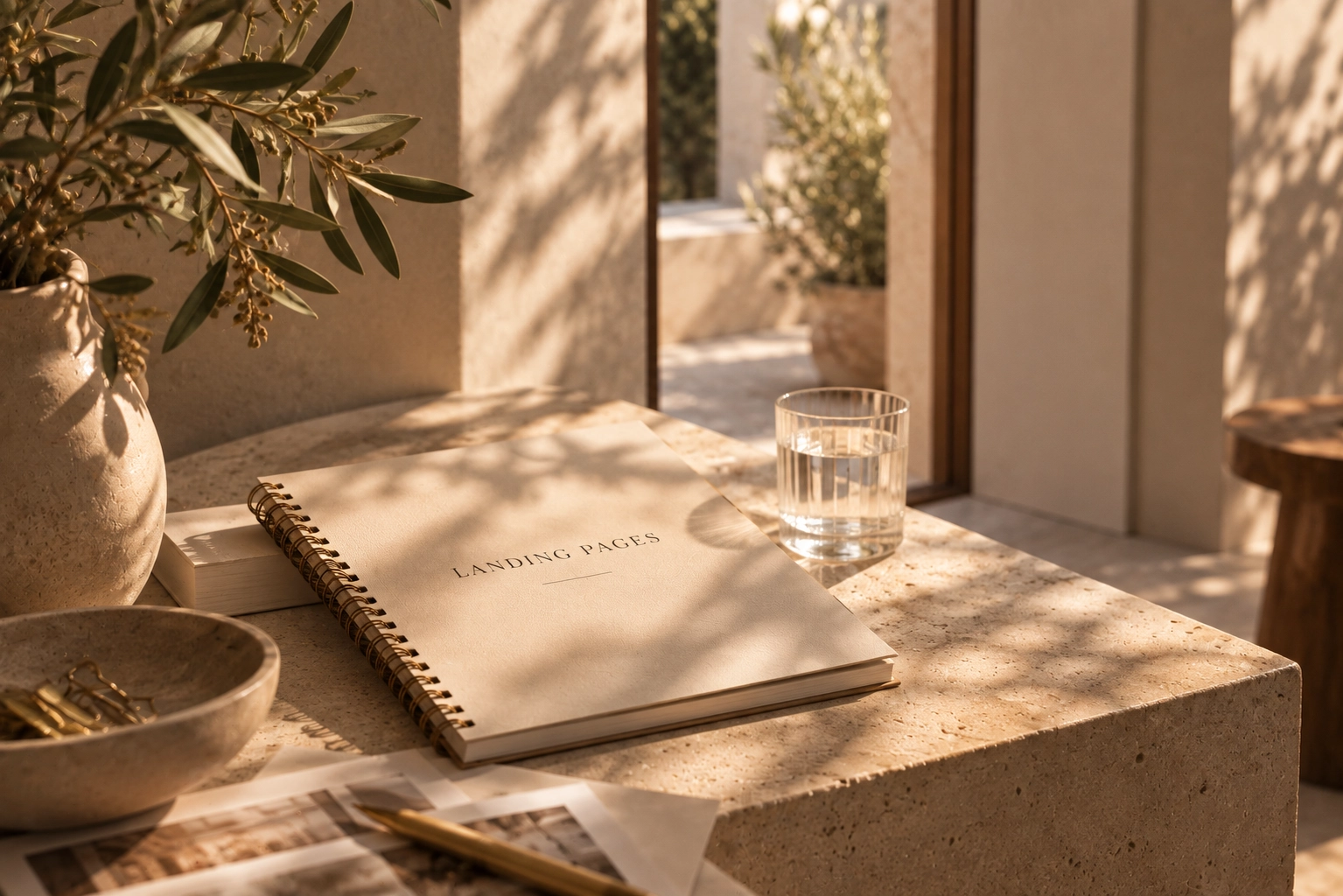 Landing page mostrata su schermo in un ambiente minimal